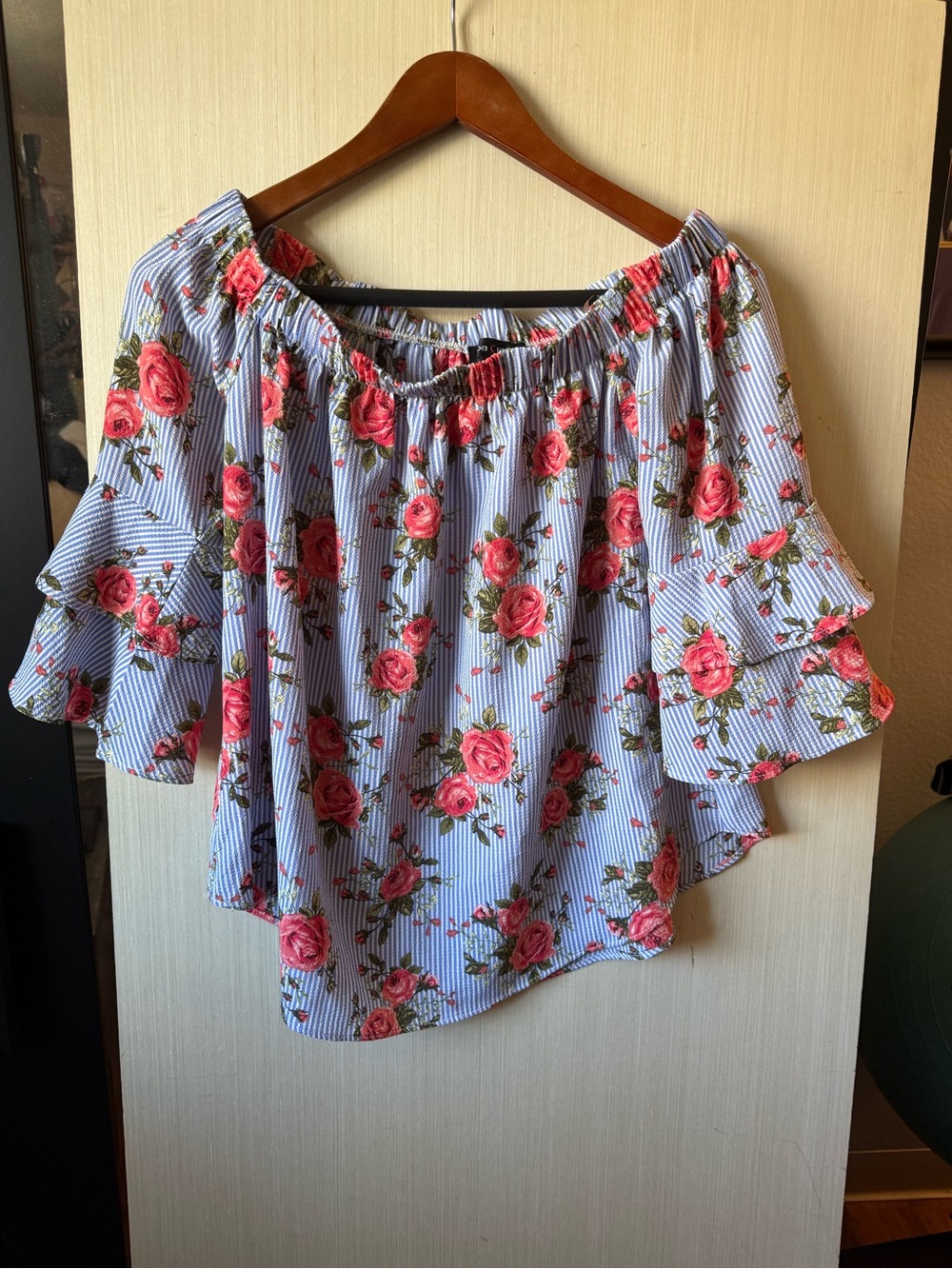 Floral Off-Shoulder Blouse with Ruffle Sleeves - Blue & Pink